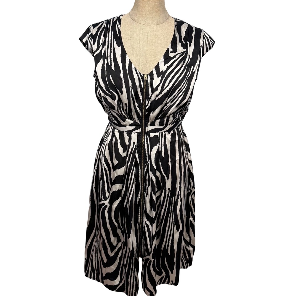 H&M Women 4 Zebra Print Dress V Neck Full Zip Cap Sleeve Midi Dress Satin Safari